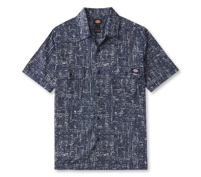 Embroidered Work Shirt - Rinsed Navy Crosshatch Tops Dickies Rinsed Navy Crosshatch S 
